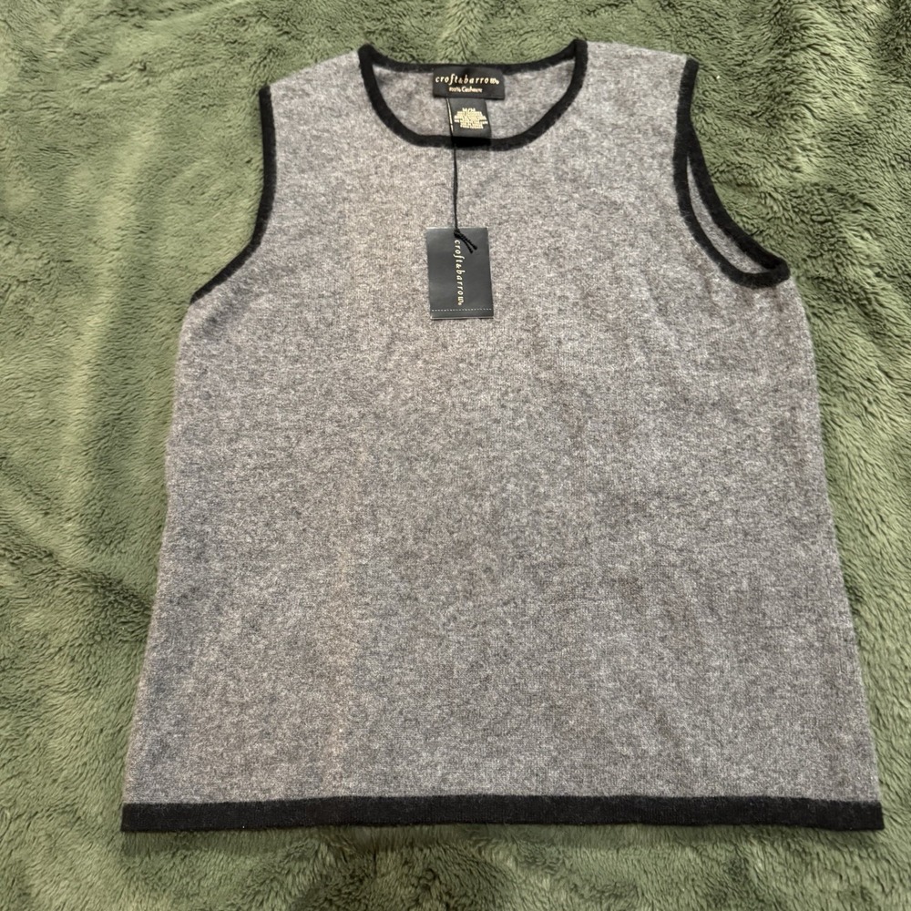 NWT Croft & Barrow Sweater Vest Womens M Gray Black Trim 100% Cashmere Crewneck